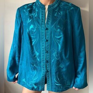 Vintage Eclectic NEW Teal blue silk preppy embroidery Glam Indie blazer Large XL